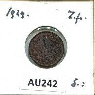 1 CENT 1929 NIEDERLANDE NETHERLANDS Münze #AU242.D.A - 1 Cent