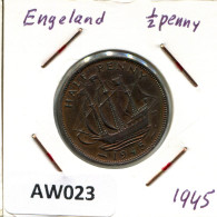 HALF PENNY 1945 UK GREAT BRITAIN Coin #AW023.U.A - C. 1/2 Penny