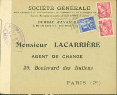 Guerre 40 Société Générale Banque Avallon Censure Bande + Cachet EB 70 Auxerre - WW II