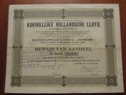 PAYS-BAS , AMTERSDAM 1908 - KONINKLIJKE HOLLANDSCHE LLOYD - TITRE DE DUIZEND GULDEN - Sonstige & Ohne Zuordnung