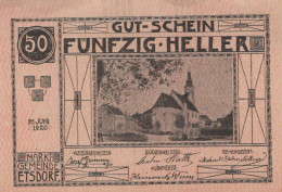 50 HELLER 1920 Stadt ETSDORF Niedrigeren Österreich Notgeld Banknote #PE961 - [11] Local Banknote Issues