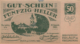 50 HELLER 1920 Stadt ERLAUF IM NIBELUNGENGAU Niedrigeren Österreich #PI329 - [11] Local Banknote Issues