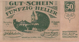 50 HELLER 1920 Stadt ERLAUF IM NIBELUNGENGAU Niedrigeren Österreich Notgeld Papiergeld Banknote #PG541 - [11] Local Banknote Issues