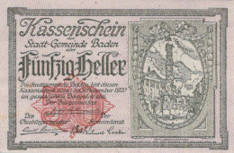 50 HELLER 1920 Stadt BADEN BEI WIEN Niedrigeren Österreich Notgeld Papiergeld Banknote #PG522 - [11] Emissions Locales