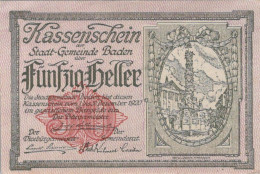 50 HELLER 1920 Stadt BADEN BEI WIEN Niedrigeren Österreich Notgeld #PF136 - [11] Emissions Locales