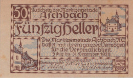 50 HELLER 1920 Stadt ASCHBACH Niedrigeren Österreich Notgeld Banknote #PF339 - [11] Emissions Locales
