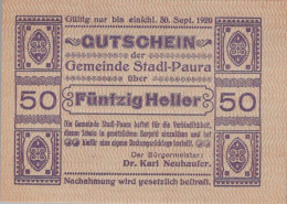 50 HELLER 1920 Stadt STADL-PAURA Oberösterreich Österreich Notgeld Papiergeld Banknote #PG771 - [11] Local Banknote Issues