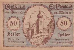 50 HELLER 1920 Stadt SANKT LEONHARD AM WALDE Niedrigeren Österreich Notgeld Papiergeld Banknote #PG684 - [11] Emisiones Locales
