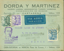 Espagne Guerre Civile Par Avion Cartagena 8 ENE 1940 Cachet Saludo A Franco Arriba Espana Censura Militar Cartagena - Covers & Documents