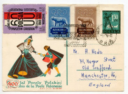 Poland 1960 1.50z 400 Year Of Polish Post Postal Card; Rome 1960 Olympics & POLSKA Philatelic Exhibition Labels - Postwaardestukken