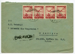 Poland 1948 Airmail Cover; Tarnów To Buffalo, New York; 20z. Airplane Over Warsaw Ruins, Strip Of 4 Stamps - Lettres & Documents