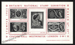 Souvenir Sheet Great Britain Stamp Exhibition Stampex 1962 - London Harrison & Sons - Queen Elizabeth II - Andere & Zonder Classificatie