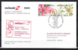 2001 Zurich-Singapore Swissair Erstflug, First Flight, 1er Vol SCARCE-1 Cover - First Flight Covers