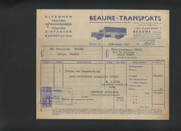 FACTURE - CAMIONS - BEAUNE TRANSPORTS - 1 RUE AUGUSTE DUBOIS, BEAUNE (COTE-D'OR) - Transports