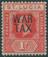 St Lucia 1916 SG89 1d Red KGV WAR TAX Ovpt 2 Lines MLH - St.Lucie (1979-...)