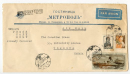 Russia 1953 Airmail Cover; Moscow - Hotel Metropol To Toronto, Canada; 1r. Peter I Statue; 10k. Peasant & 30k. Scientist - Lettres & Documents