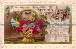 R160494 Greetings. Remembrance On My Dear Sisters Birthday. Roses On Basket. Rot - Monde