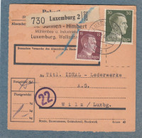 PAKETKARTE VON SUNNEN-HIMBERT MÜHLENBAU UND INDUSTRIEBETRIEB IN LUXEMBURG AN IDEAL  LEDERWERKE A.G. WILZ, 1944. - 1940-1944 Occupation Allemande