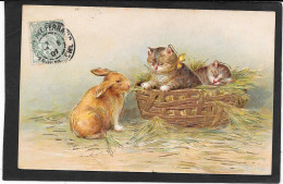 CHATS - Gaufrée, Dorures - Lapin Et Deux Chatons Dans Corbeille - Chats