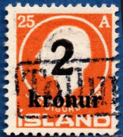 Island 1925 2 Kr Overprint On 25 Aurar - Tollur Postmark - Eagles & Birds Of Prey