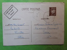 Carte Postale Entier PETAIN 80 C Brun Mention COMPLEMENT DE TAXE PERÇUE Cachet Tirete Hexagonal FOURILLES Allier, 1942 - Cartes Postales Types Et TSC (avant 1995)