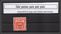 95263 Colis Postaux Paris Pour Paris N°92 1f Rouge  Neuf ** Mnh  - Nuevos