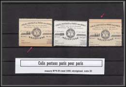 95239 Colis Postaux Paris Pour Paris N°9 Type 1 25c Noir 1891  Recespissé  Lot De 3 Variétés  - Ongebruikt