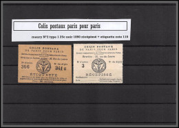 95230 Colis Postaux Paris Pour Paris N°2 Type 1 25c Noir 1890 Cote 110 Recespissé + Etiquette  - Ungebraucht