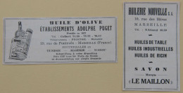 Lot De 2 Publicités, Huile D'olive Puget, Huilerie Nouvelle, Marseille Et Savon Le Maillon, 1950 - Publicités
