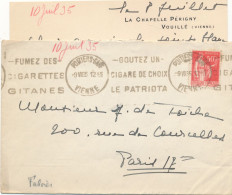 L Avec Contenu Pontiers-Gare 9 VII 35 Vers Paris XVII 9 JUL 35 – Flamme Cigare Patriota & Cigarettes Gitanes - Mechanical Postmarks (Advertisement)