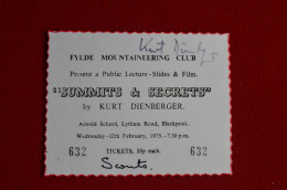 1975 Lecture Ticket Signed Kurt Diemberger Mountaineering Himalaya Escalade Alpinisme - Sportief