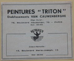 Publicité, Peintures TRITON, Ets Van Cauwenberghe, Paris Et Usine à Marseille 1950 - Publicités