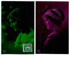 LOT 3 CPA Voyagé 1913 Cartes Glacées Brillantes " Miroir " Bonne Fête & Bonne Année ( Verte Violette Rouge ) Jeune Femme - Women