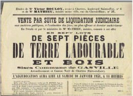 GASVILLE EURE ET LOIR 10 JANVIER 1931 AFFICHE VENTE DE TERRE LABOURABLE ET BOIS LIQUIDATION JUDICAIRE NOTAIRE CHARTRES - Centre - Val De Loire