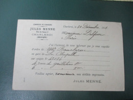 REPIQUE JULES MENNE CHARLEROI COMMERCE DE CHARBONS ENTIER POSTAL 1891  CARTE POSTALE BELGIQUE REPIQUAGE - Cartes Postales 1871-1909