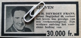 LEUVEN 1956 / UITBETALING ONGEVALLENVERZEKERING AAN DE HEER DEVROEY FRANS / GROOT BEGIJNHOF - Non Classés