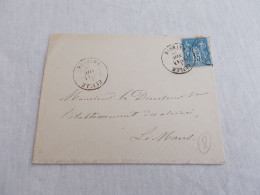 FRANCE.ENVELOPPE.TIMBRE SAGE.15CTS BLEU/BLEU.CACHET CULLE.POUR LE MANS.1880. - 1877-1920: Semi Modern Period