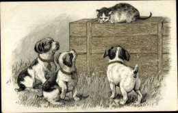 Lithographie Drei Terrierwelpen Beobachten Eine Junge Katze, Chicoree A La Menagere - Autres & Non Classés
