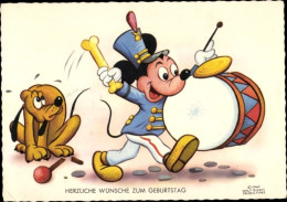 Artiste CPA Glückwunsch Geburtstag, Walt Disney, Mickey Mouse, Pluto, Trommel - Birthday