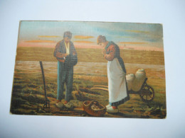 THEME DIVERS CARTE ANCIENNE COULEUR DE 1906 PEINTURE 2 PAYSANTS DANS UN CHAMP FAISANT UNE PRIERE  BROUETTE PANIER FOURCH - Peintures & Tableaux