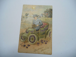 THEMES DIVERS CARTE  COULEUR ANCIENNE  CARTE EN  RELIEF FANTAISIE SOUVENIR D’AMITIE DESSIN DE 1908 VOITURE CHAUFFEUR N°4 - Autres & Non Classés