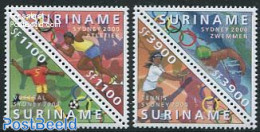 Suriname, Republic 2000 Olympic Games Sydney 2x2v, Mint NH, Sport - Football - Olympic Games - Swimming - Tennis - Natation