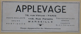 Publicité, APPLEVAGE (ponts Roulants, Grues, Portiques, Transporteurs Aériens) Paris Et Marseille, 1950 - Publicités