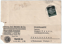 Company Postcard Georg Ad. Masters & Co. Mühlenbauanstalt Dingelstädt Seal May 4, 1936 Postage Stamp DR Hindenburg 6 - Cartes Postales