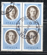 ITALIA REPUBBLICA ITALY REPUBLIC 1974 ARTISTI ITALIANI ARTISTS CARRIERA LIRE 50 QUARTINA BLOCK USATO USED OBLITERE' - 1971-80: Usati