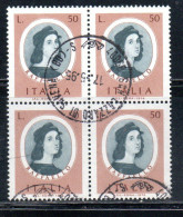 ITALIA REPUBBLICA ITALY REPUBLIC 1974 ARTISTI ITALIANI  ARTISTS RAFFAELLO LIRE 50 QUARTINA BLOCK USATO USED OBLITERE' - 1971-80: Used