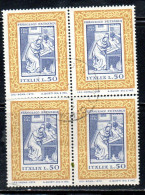 ITALIA REPUBBLICA ITALY REPUBLIC 1974 FRANCESCO PETRARCA CENTENARIO MORTE LIRE 50 QUARTINA BLOCK USATO USED OBLITERE' - 1971-80: Oblitérés