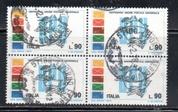 ITALIA REPUBBLICA ITALY REPUBLIC 1974 UPU CENTENARIO CENTENARY LIRE 90 QUARTINA BLOCK USATO USED OBLITERE' - 1971-80: Gebraucht