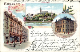 Lithographie Chemnitz In Sachsen, Schlossteich, Schlosskirche, Börse, Geschäftshaus Bargou Söhne - Autres & Non Classés