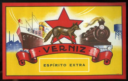 Etiquette Portugal Vernis Espírito Santo Renard Paquebot Locomotive Varnish Label Fox Ship Steam Train - Advertising